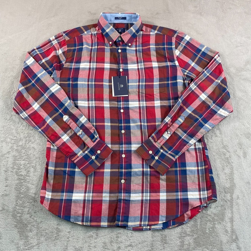 GANT Tech Prep Winter Shirt Men XL Red Blue Plaid Twill Fitted Long Sleeve NWT